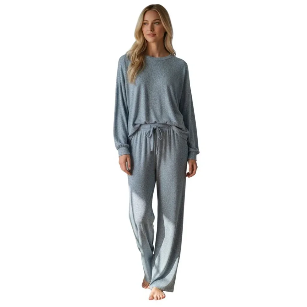 Zenana Soft Melange Hacci Long Sleeve Tee and Joggers Set NEW Dusty Blue/Large